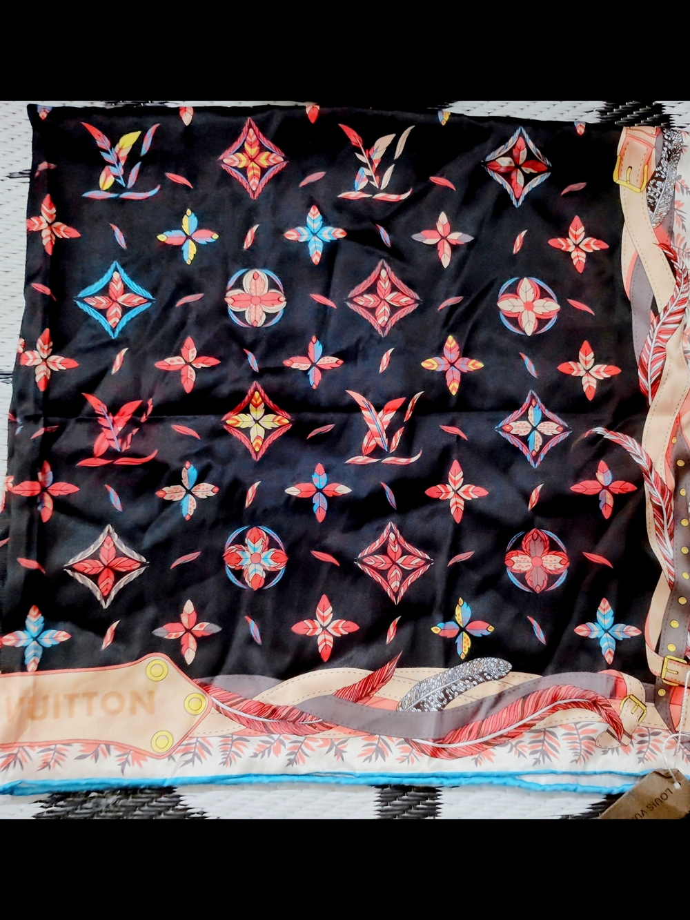 Louis Vuitton Black Scarf with Red Floral and Blue Trim